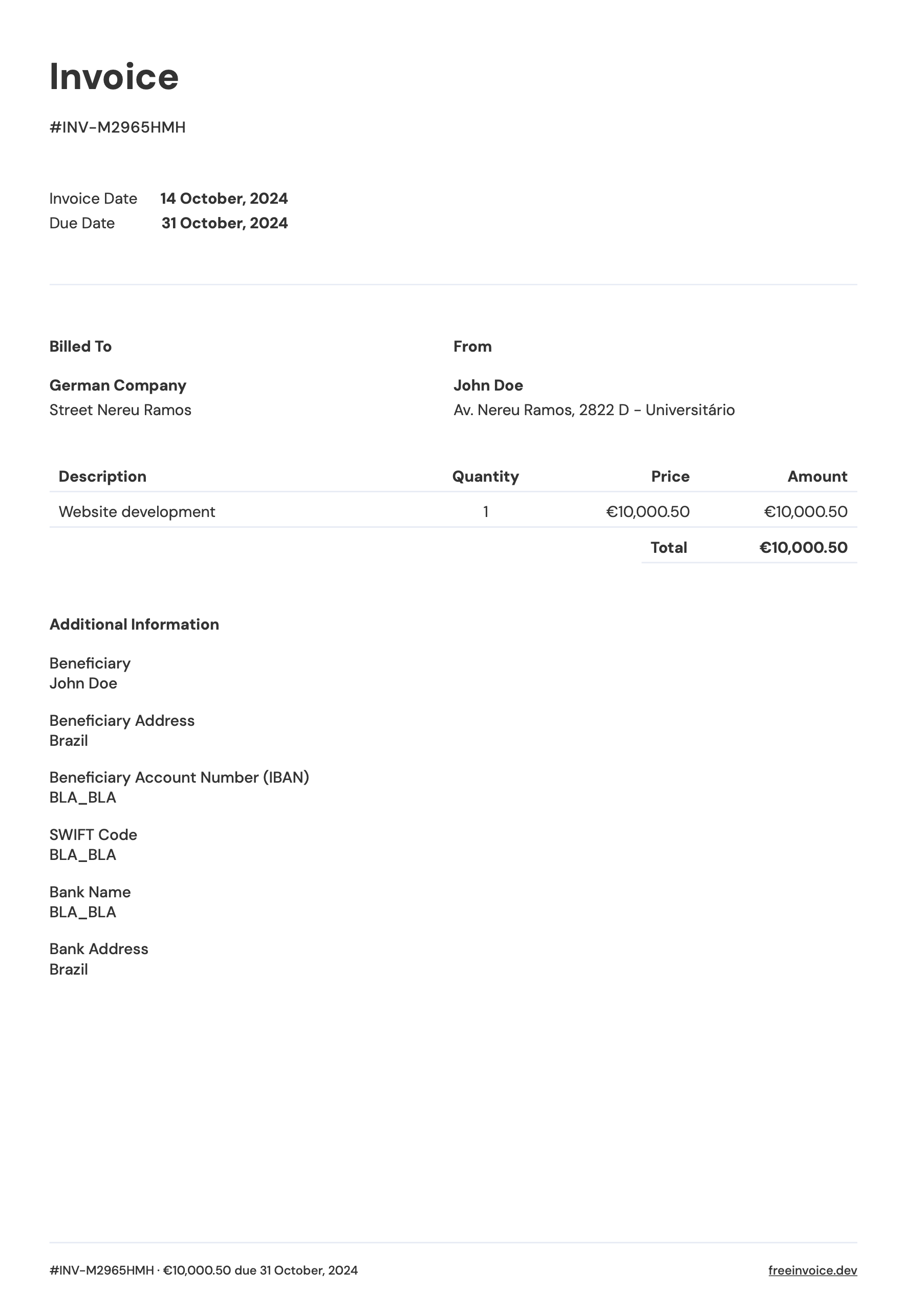 Template da invoice criada com o FreeInvoice.dev